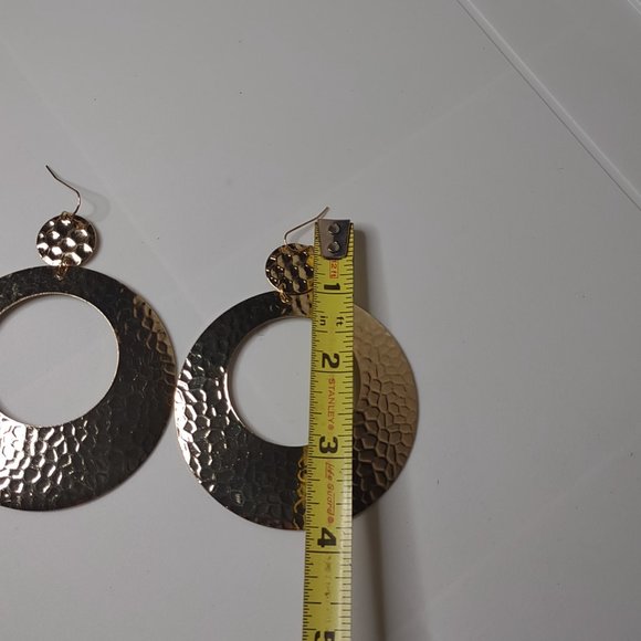 Large Round Gold Tone Metal Dangle Earrings - Picture 5 of 10